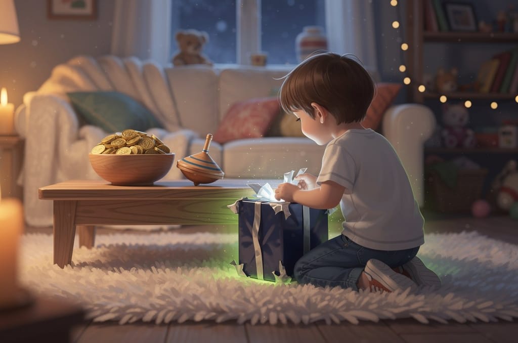 A child kneeling on a rug opening one navy and silver Hanukkah parcel beside a bowl of gold gelt coins and a spinning dreidel