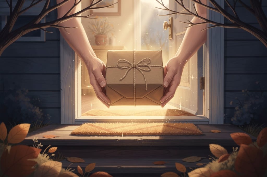 A wrapped parcel handed over on a doorstep in low November light, storybook illustration style