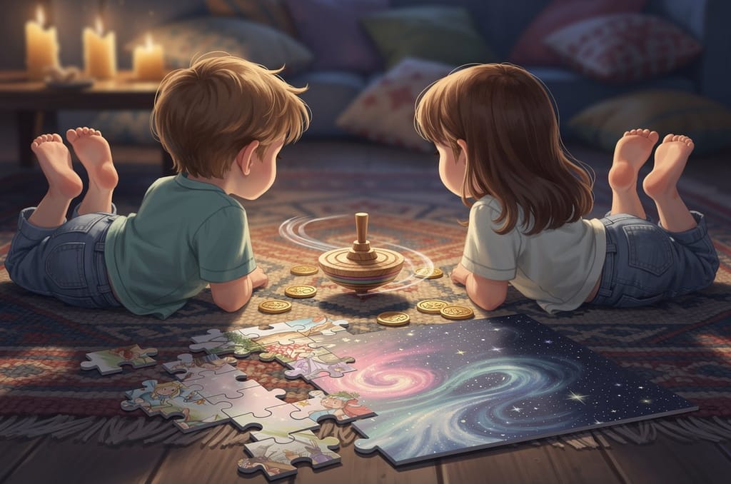 Two children seen from behind watching a dreidel spin on a rug, gold gelt coins scattered beside a part-assembled keepsake jigsaw puzzle