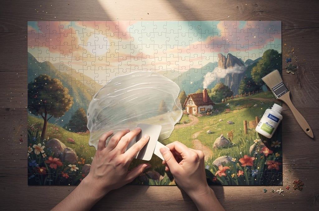 Hands spreading clear puzzle glue across a completed jigsaw puzzle with a flat plastic card, a foam brush and a bottle of puzzle glue on the wooden table beside it