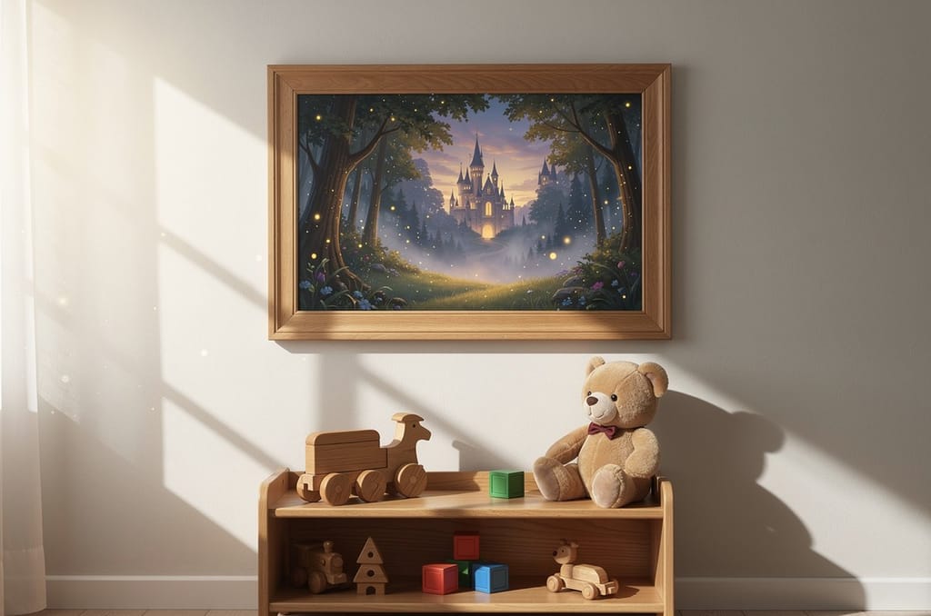 A wooden framed storybook picture hanging on a child's bedroom wall above a low shelf of wooden toys and a teddy bear in morning light