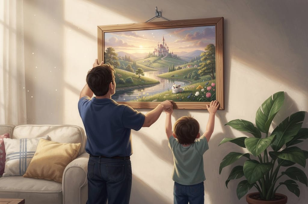 A parent and a small child seen from behind, lifting a wooden framed picture onto a hook on a sunlit living room wall
