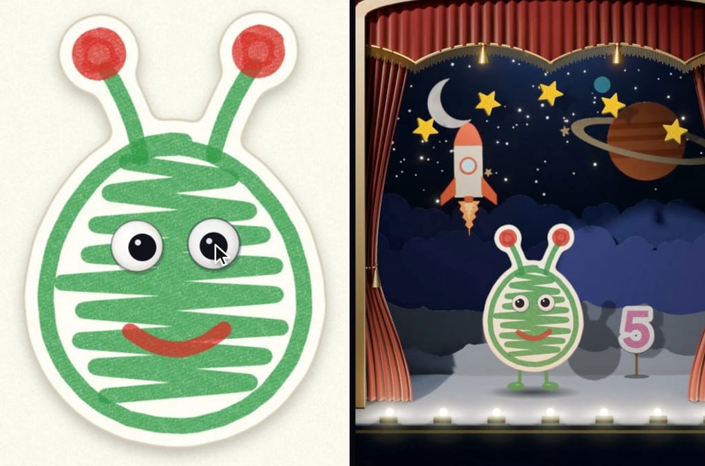 Left, a green crayon bug with red-tipped antennae cut out on screen with a white paper border and two googly eyes; right, the same drawing as a paper puppet on the Curious Theatre's lit space stage with a rocket, a ringed planet, five stars and a number 5