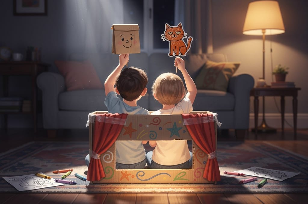 Two children seen from behind kneeling at a painted cardboard box puppet theater, holding up a paper bag puppet and a paper stick puppet of a crayon cat through the stage opening