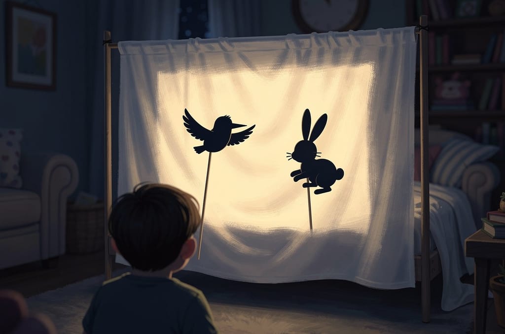 A white sheet hung across a doorway and lit from behind by a lamp, with the sharp black shadows of a cut-card bird and rabbit held up on sticks