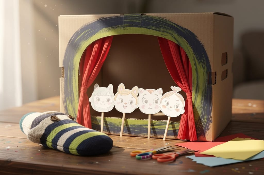 A tabletop puppet theater made from a cardboard box with a painted arch, crepe paper curtains and slots in the sides, with paper stick puppets and a sock puppet in front of it