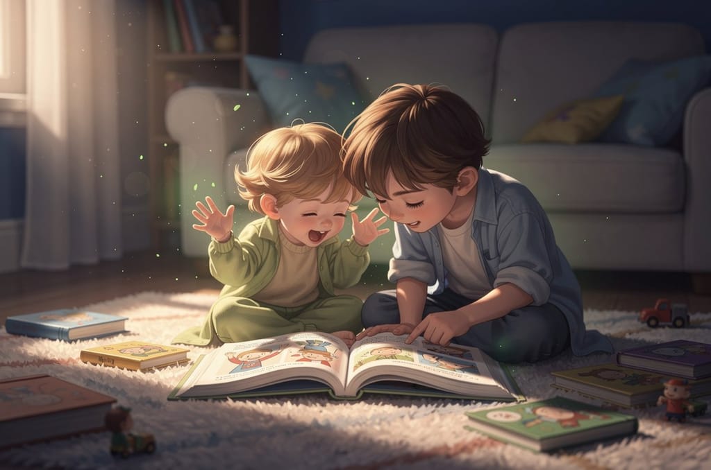 A toddler and an older child laughing over the same open joke book on a rug