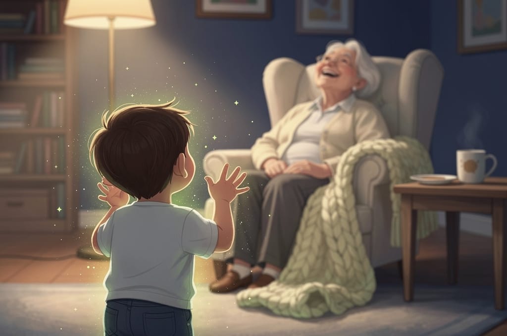 A child seen from behind telling a joke to a laughing grandparent in an armchair