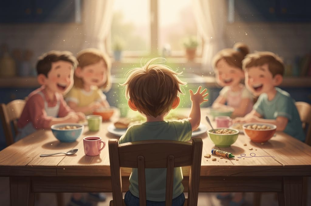 A child seen from behind at the breakfast table with one hand raised mid-joke, the family laughing