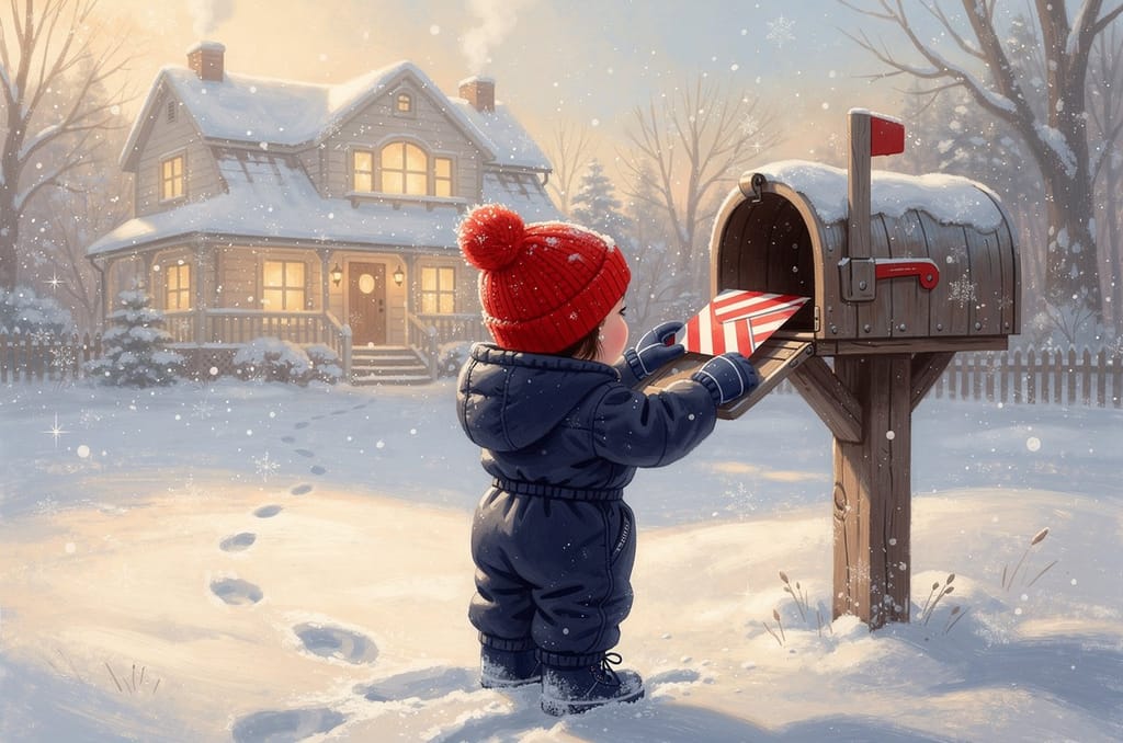 A child in a red knit hat, seen from behind, pulling a red-and-white striped envelope out of a snowy mailbox on a winter morning