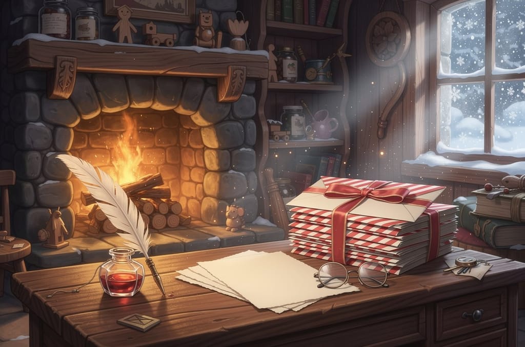 An old wooden writing desk beside a crackling fireplace, with a quill pen, an inkwell, a stack of red and white envelopes and a pair of reading spectacles