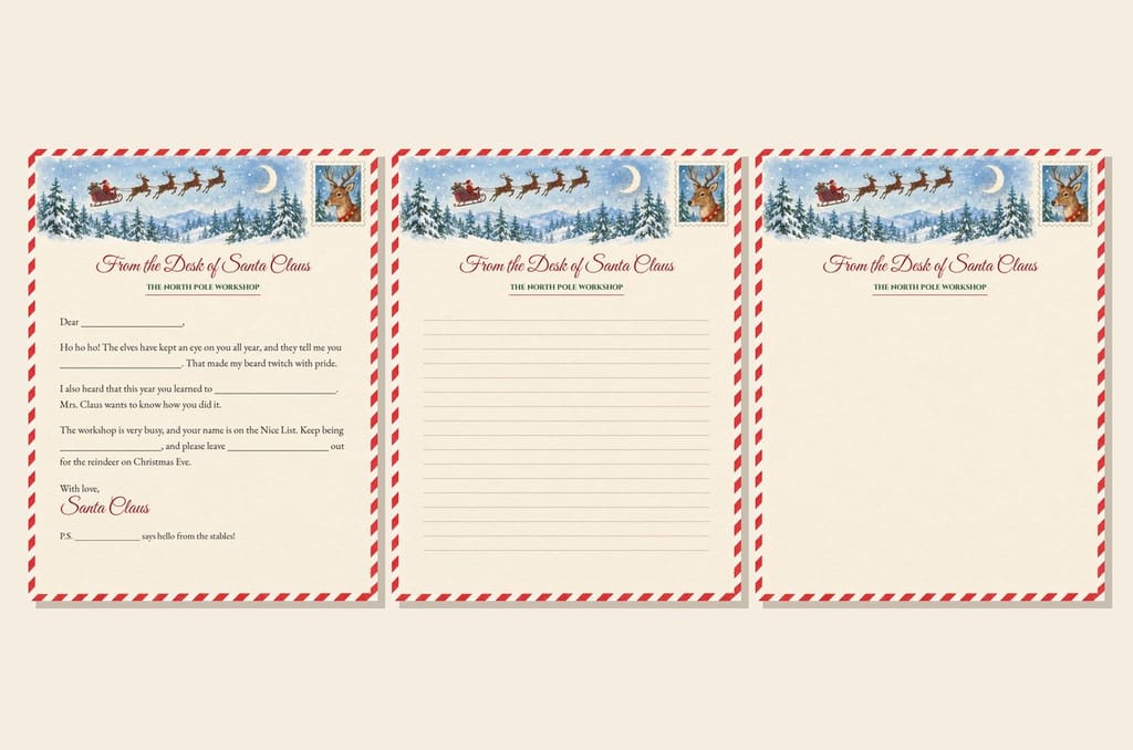 Three printable letter from Santa templates side by side: a fill-in-the-blank letter, a lined page and a blank page, each headed From the Desk of Santa Claus under a painted sleigh and reindeer scene with a candy-stripe airmail border