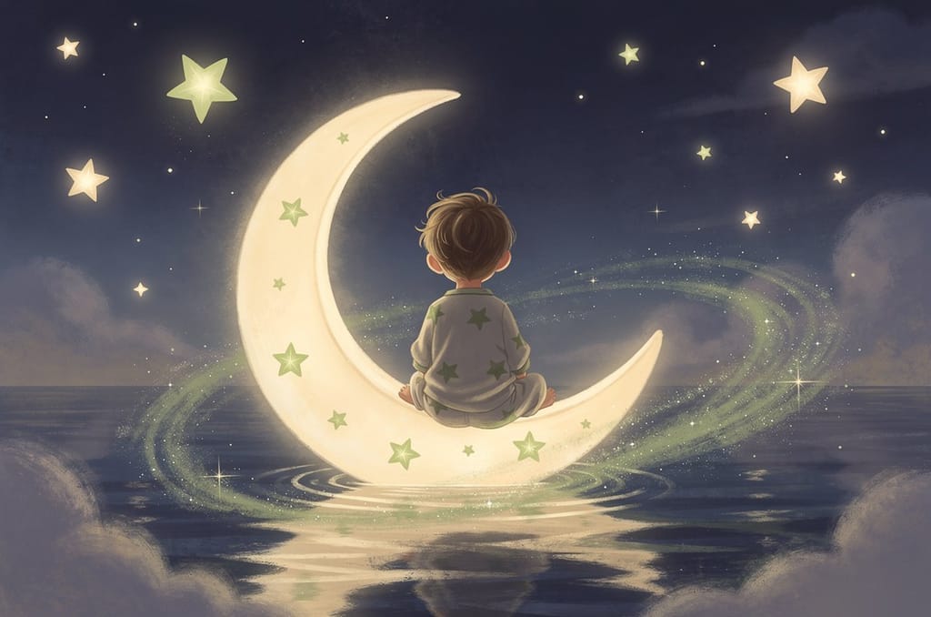 A small child seen from behind sitting in a crescent-moon boat, sailing across a calm night sky full of stars