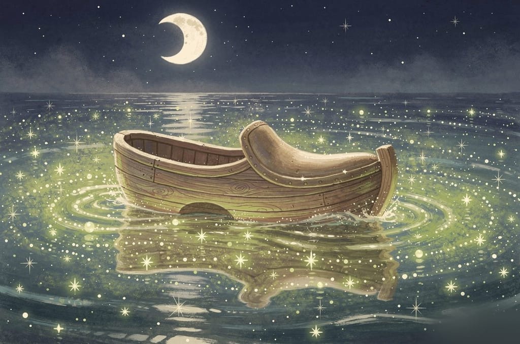 An empty wooden shoe sailing like a little boat across a sea of glowing stars under a crescent moon