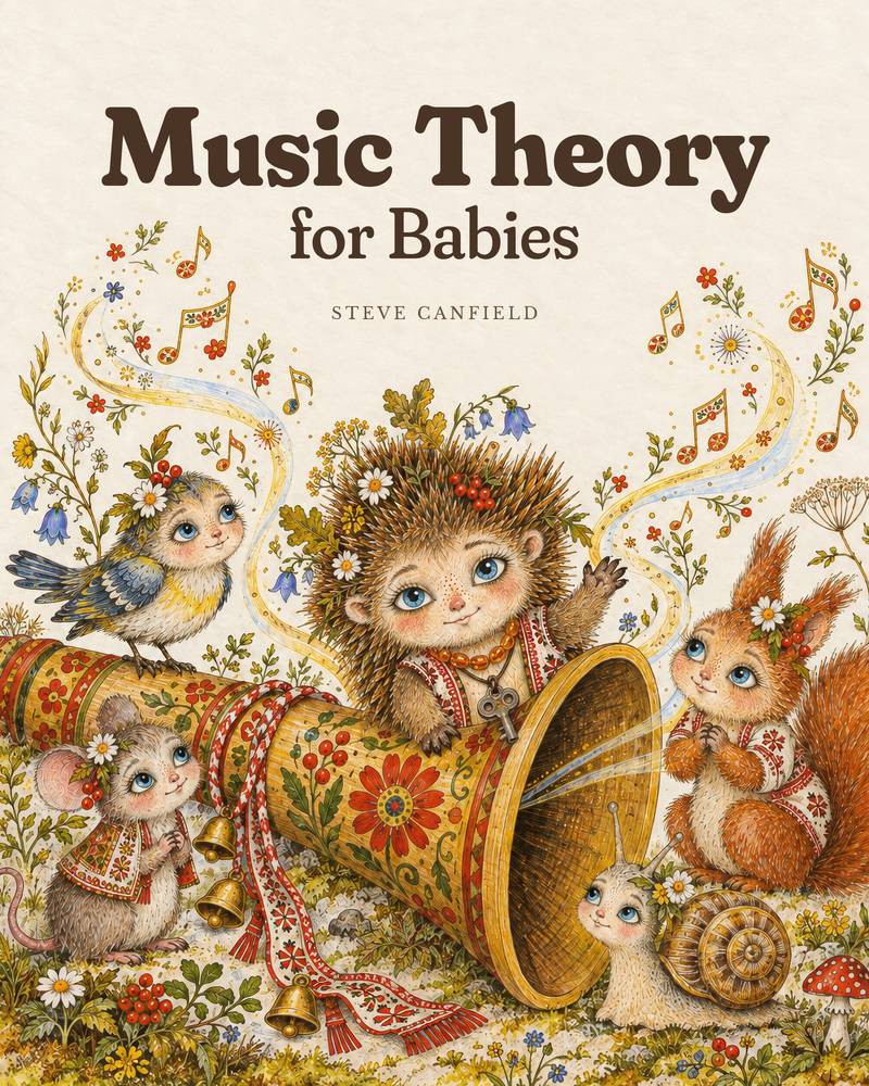 Cover of the picture book Music Theory for Babies by Steve Canfield, showing a small folk-art creature climbing out of a horn among floating musical notes