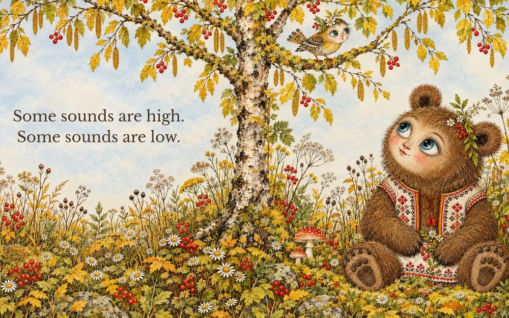 Two facing pages from the picture book Music Theory for Babies, reading Some sounds are high and Some sounds are low, with folk-art woodland creatures singing