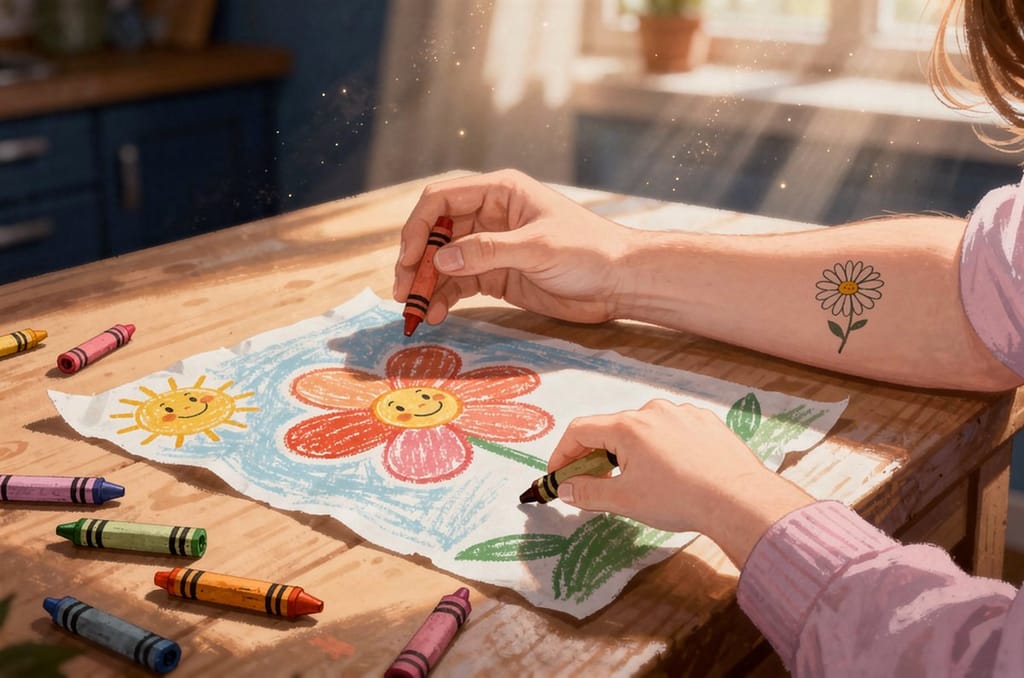A parent's forearm with a small fine-line daisy tattoo, coloring in a child's crayon drawing of a smiling flower and sun at a sunny kitchen table