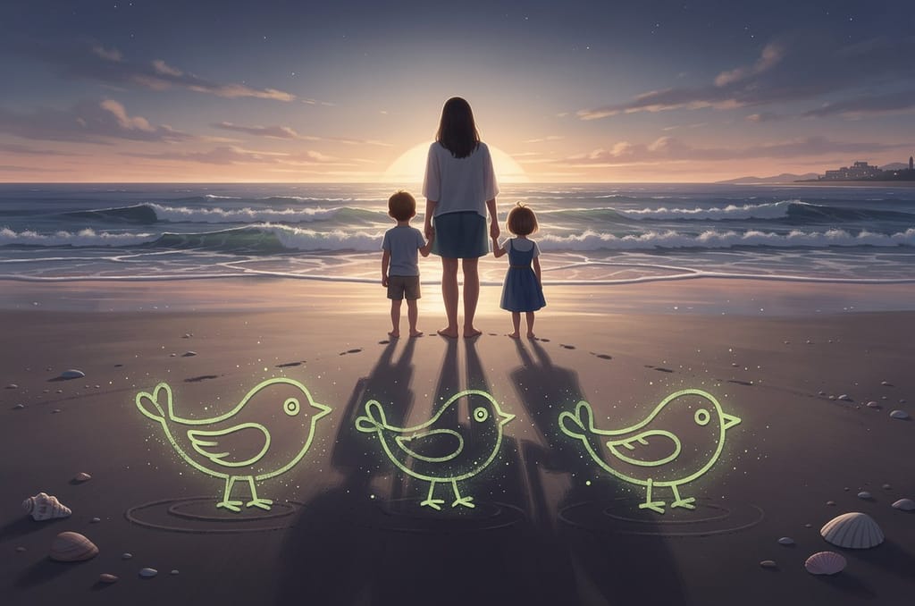 A parent and two children seen from behind on a beach at dusk, holding hands, with three simple bird outlines drawn in the sand in front of them