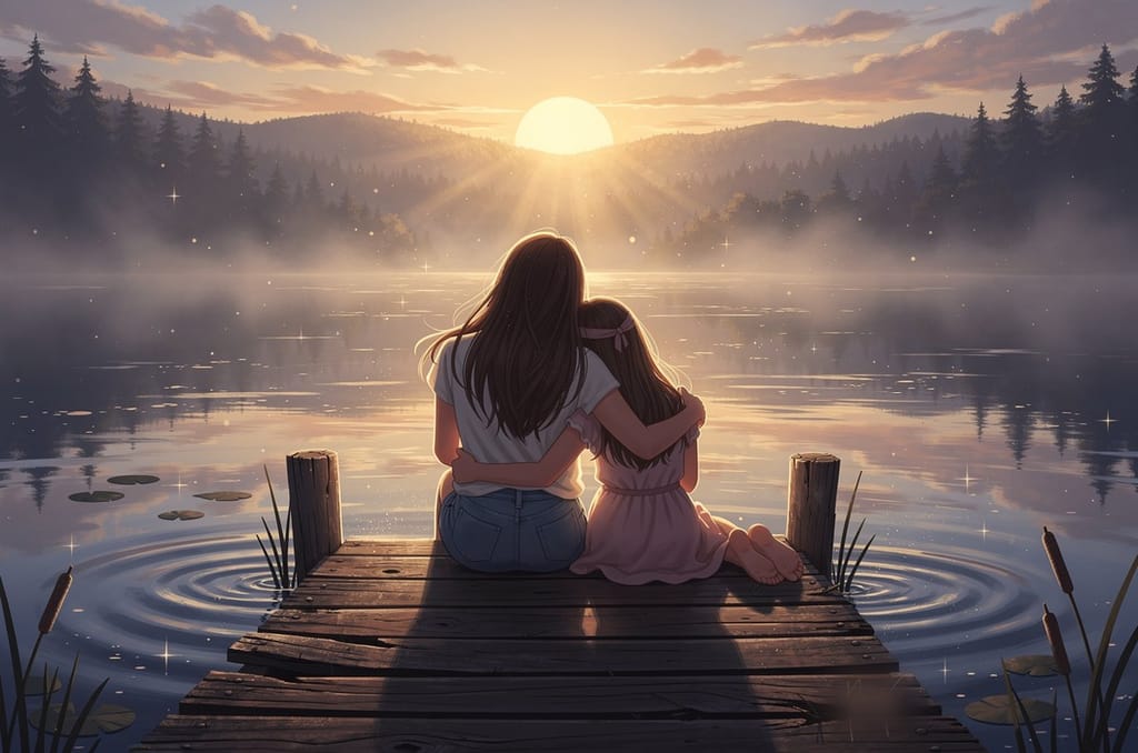A mother and her daughter seen from behind, sitting close on a wooden dock with their arms around each other, watching the sun set over a misty lake