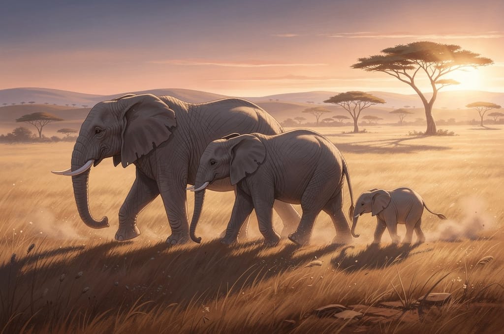 Storybook painting of an elephant family walking across a golden savanna at sunset: a large matriarch with tusks, a younger female and a small calf