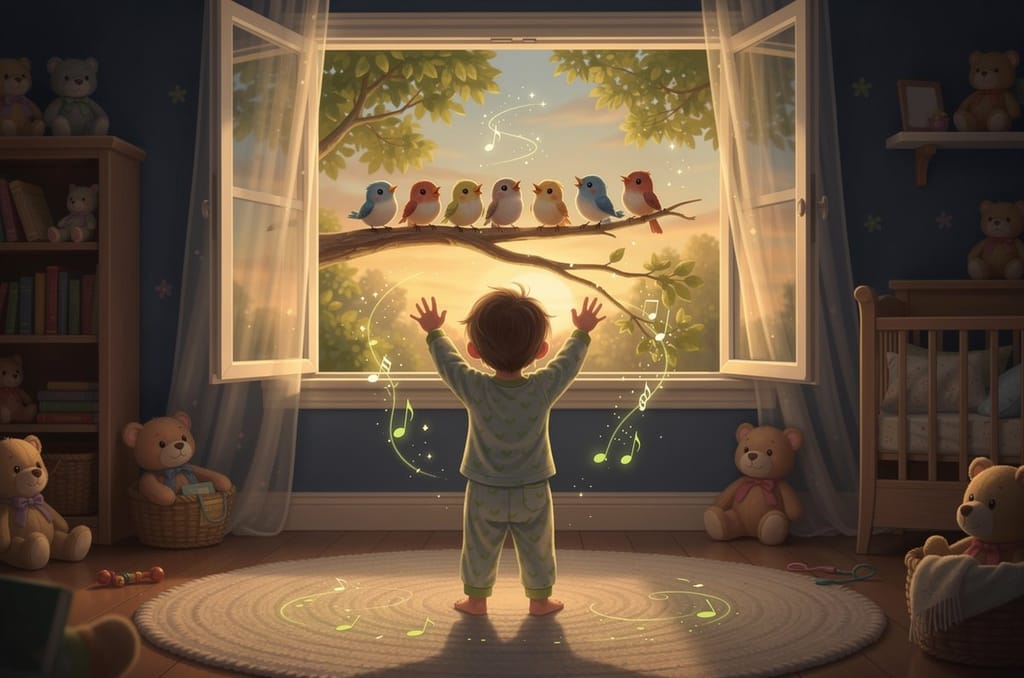 A toddler in pajamas seen from behind with both arms raised like a conductor, at an open nursery window where a row of colorful songbirds sings on a branch at sunset