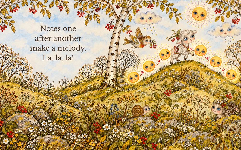 Two facing pages from the picture book Music Theory for Babies, reading Notes one after another make a melody. La, la, la!, with a row of smiling suns climbing a hill like notes past a lamb, a hedgehog, a snail and a songbird in a folk-art meadow