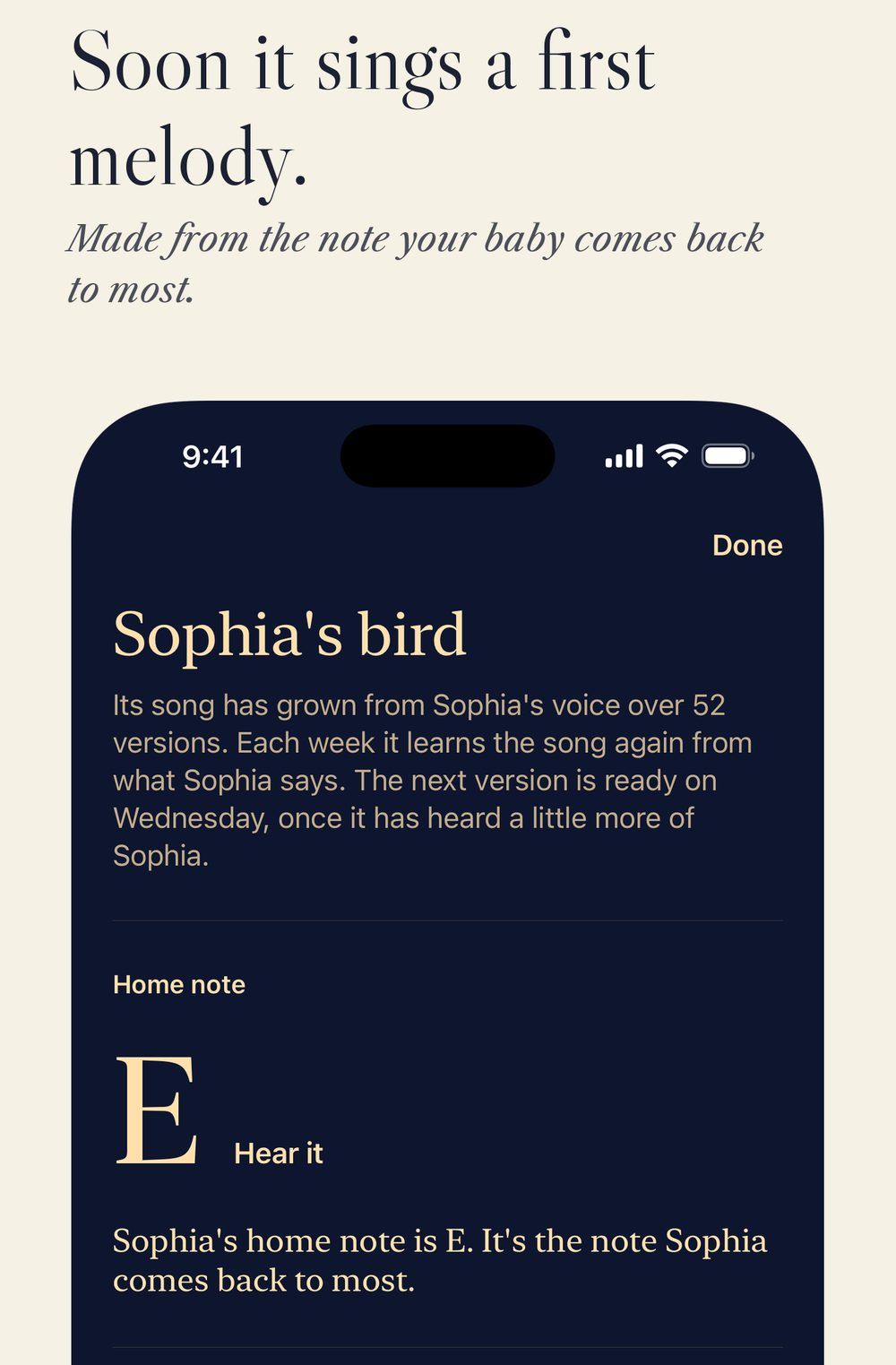 Serinette on an iPhone: a screen titled Sophia's bird, showing Sophia's home note, the letter E, under the words Soon it sings a first melody, made from the note your baby comes back to most