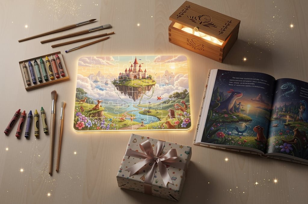 A flat-lay of non-toy keepsake gifts for kids: a magical-landscape jigsaw puzzle, crayons and paintbrushes, an open storybook, a wooden keepsake box, and a wrapped gift