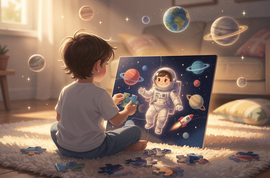 A child seen from behind assembling a glowing jigsaw puzzle of a young astronaut floating among planets on a living room rug