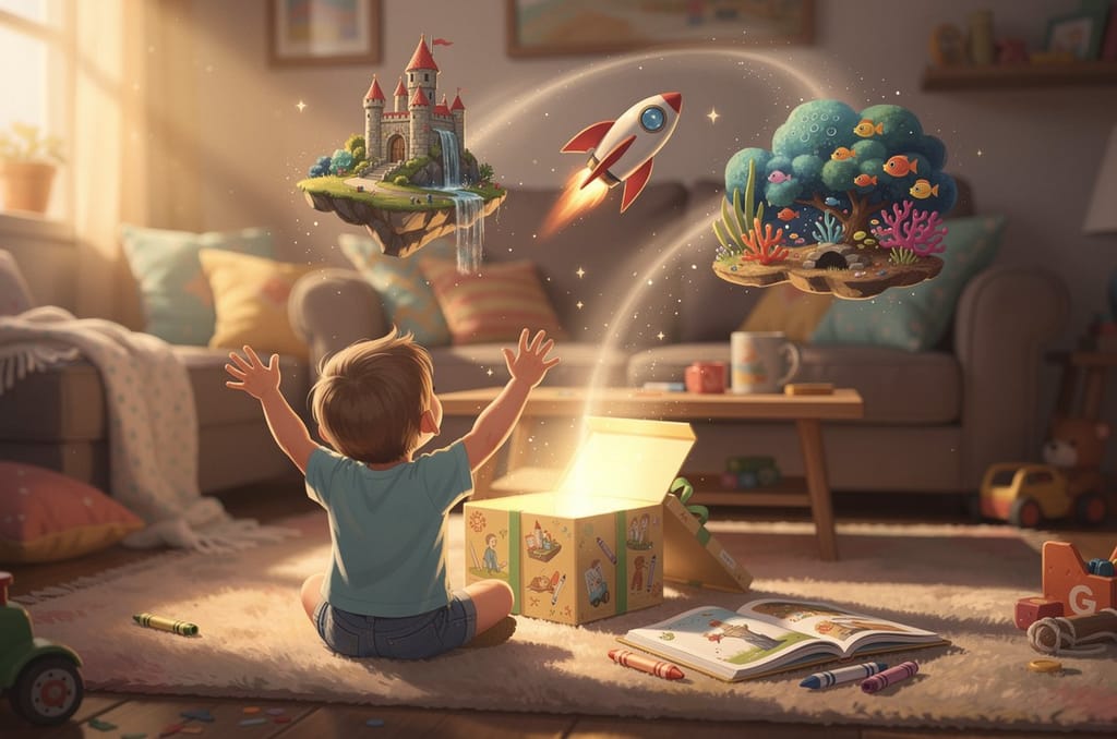 A child seen from behind raising their arms in wonder as an open gift releases floating magical storybook worlds in a cozy living room