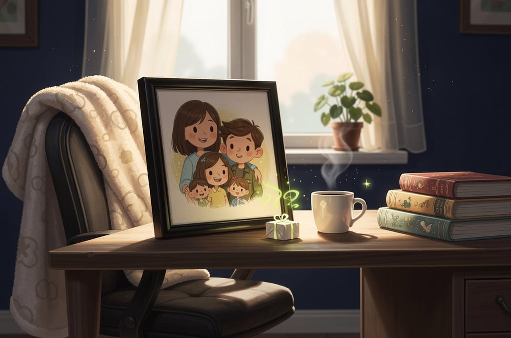 A framed canvas portrait of a family standing on a home-office desk beside a coffee mug and a small wrapped gift, with a fleece blanket draped over the chair, a personalized Christmas gift for dad from The Curious Thing
