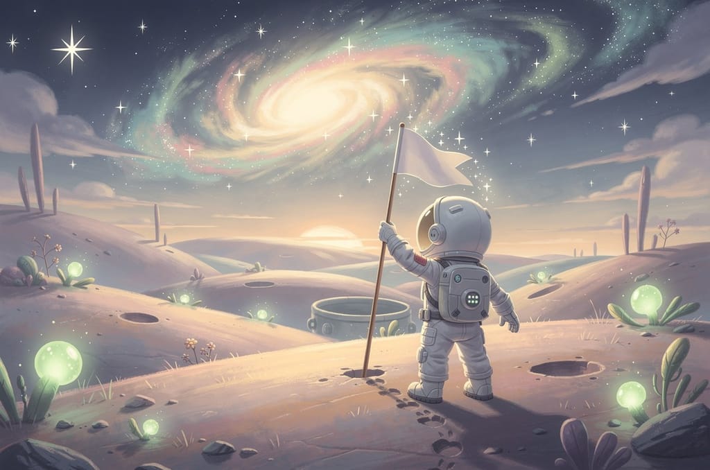 A child astronaut seen from behind planting a small flag on a pastel alien planet under a glowing nebula with arms raised in triumph, the kind of storybook hero portrait made from a photo by The Curious Thing
