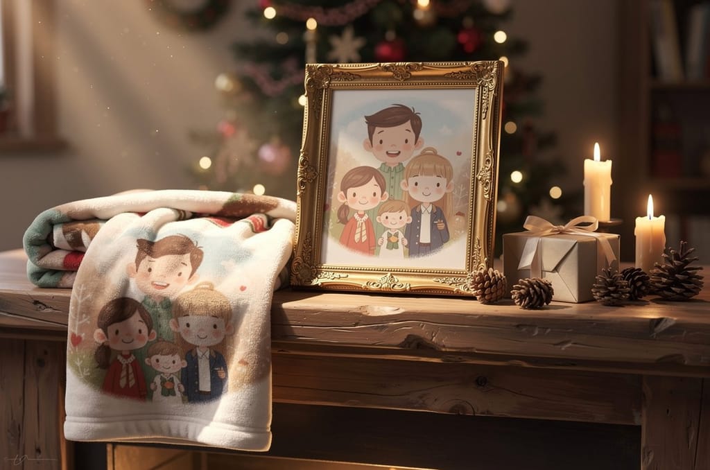 A gold-framed illustrated family portrait on a holiday mantel above stockings, a folded fleece blanket over an armchair and a glowing Christmas tree nearby in warm lamplight, a personalized Christmas gift for dad from The Curious Thing