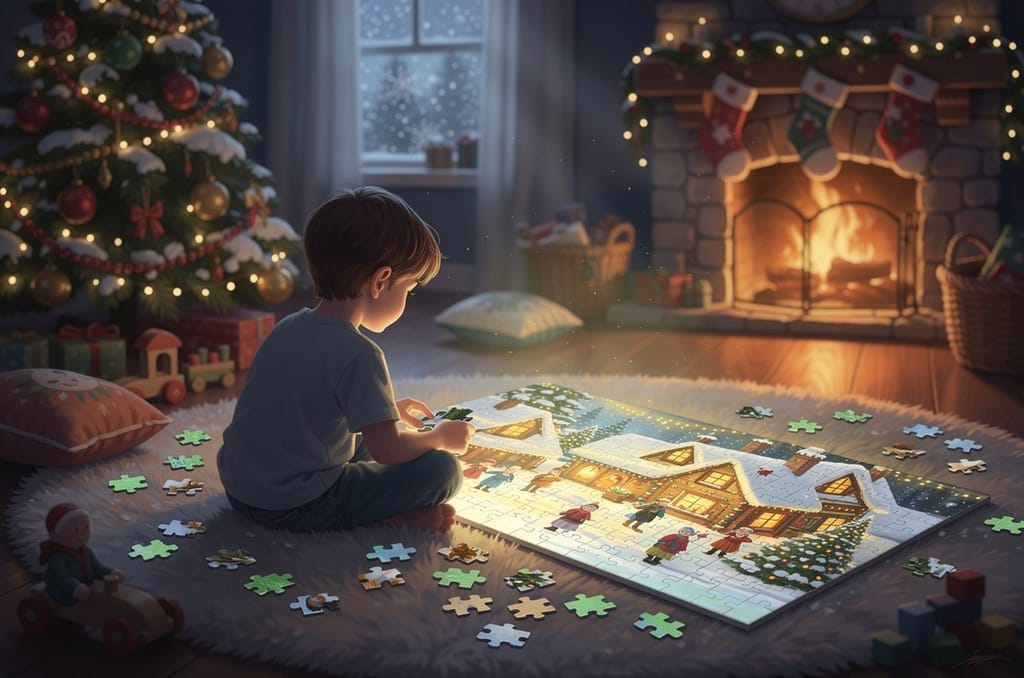 A child seen from behind assembling a glowing personalized jigsaw puzzle of a snowy Christmas village on a living room rug beside a lit tree and a warm fireplace