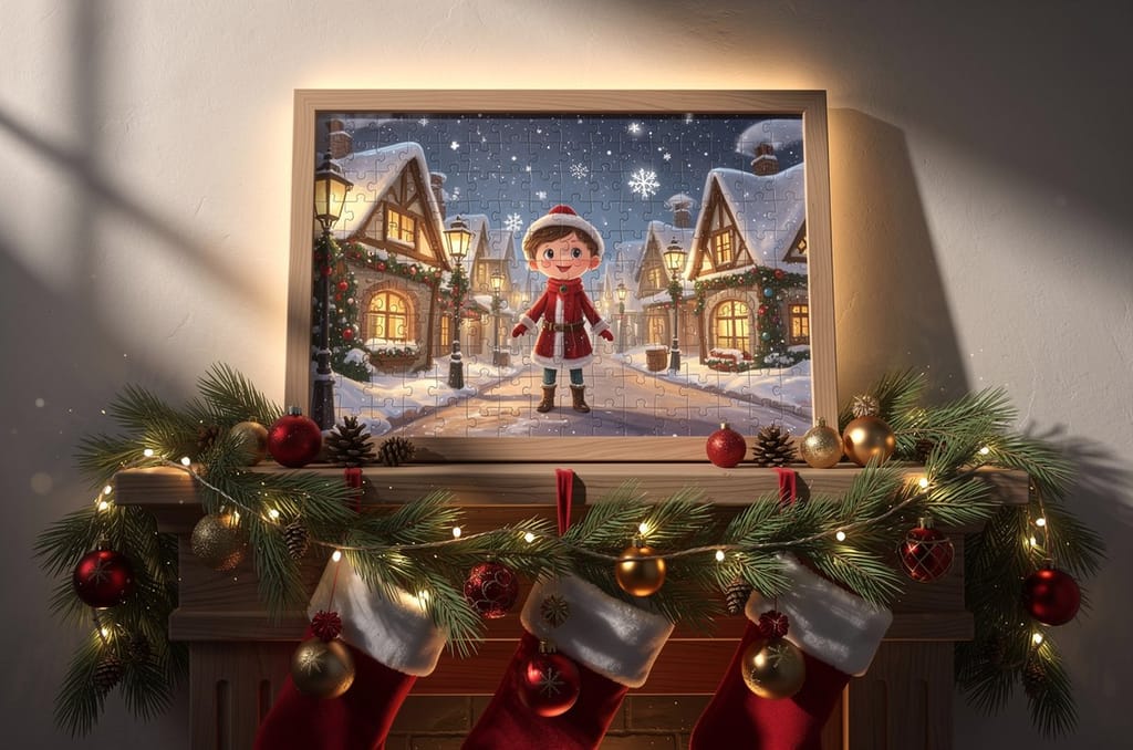 A finished personalized Christmas village puzzle with a child as the hero, framed and standing on a mantel with red stockings, pine garland, and warm fairy lights