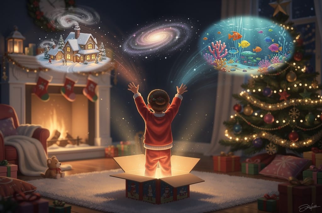 A child seen from behind on Christmas morning raising their arms as an opened gift releases floating magical storybook worlds beside a lit tree