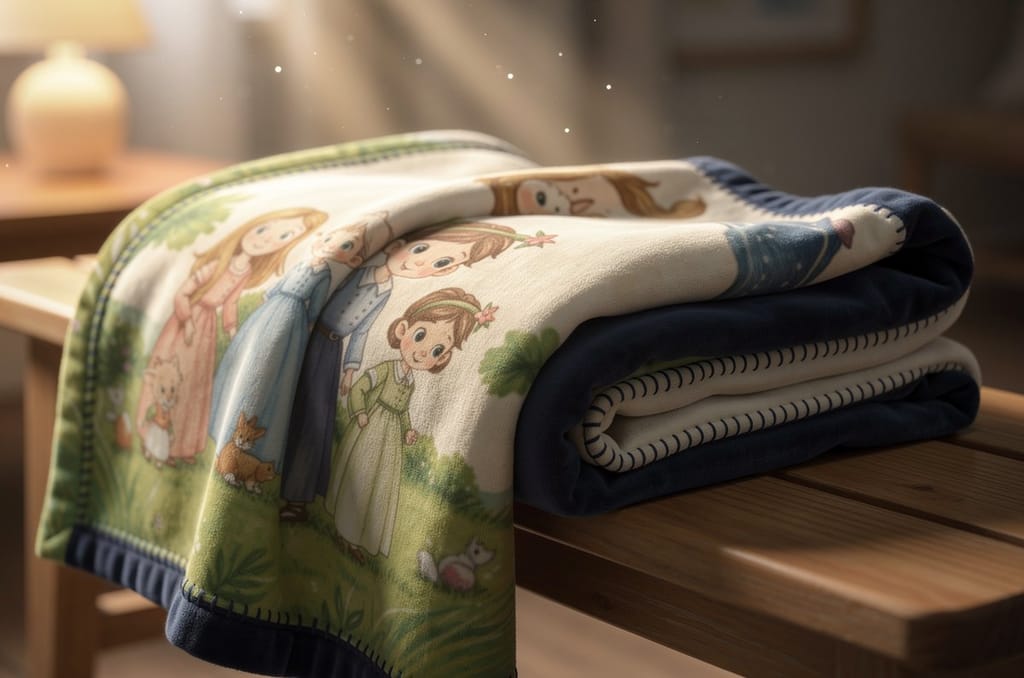 Close-up of a folded fleece blanket showing a warm portrait print in soft storybook colors, lit by lamplight