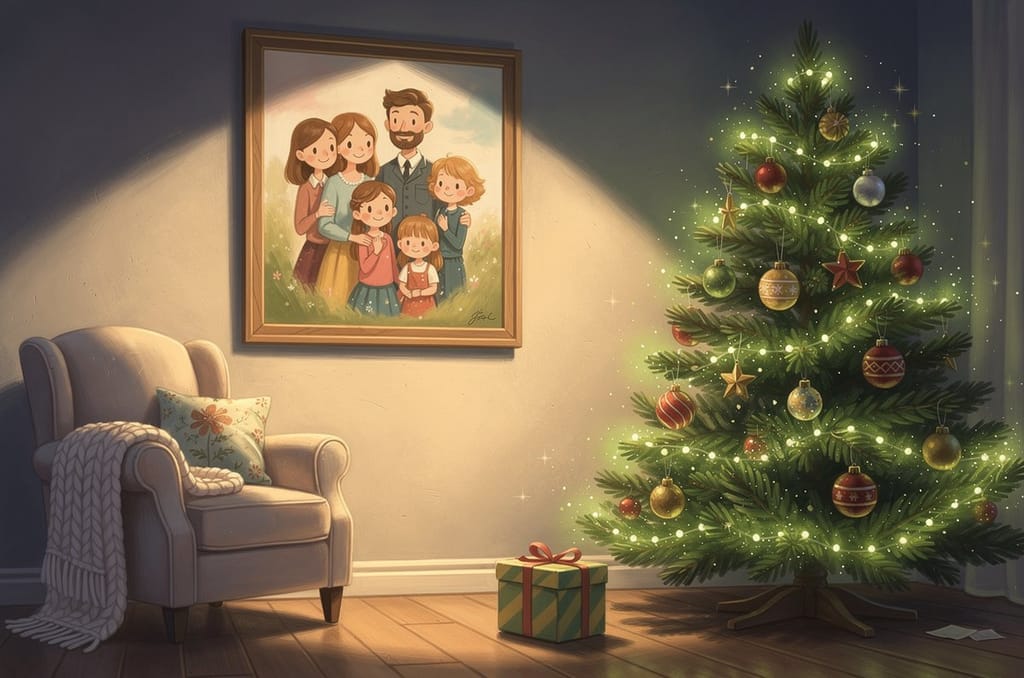 A framed canvas family portrait hanging on a warm living-room wall beside a decorated Christmas tree