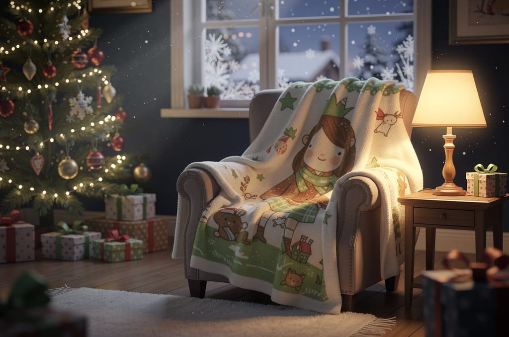 A soft fleece throw blanket with a warm family portrait print draped over an armchair in a cozy living room at Christmas, tree lights softly out of focus