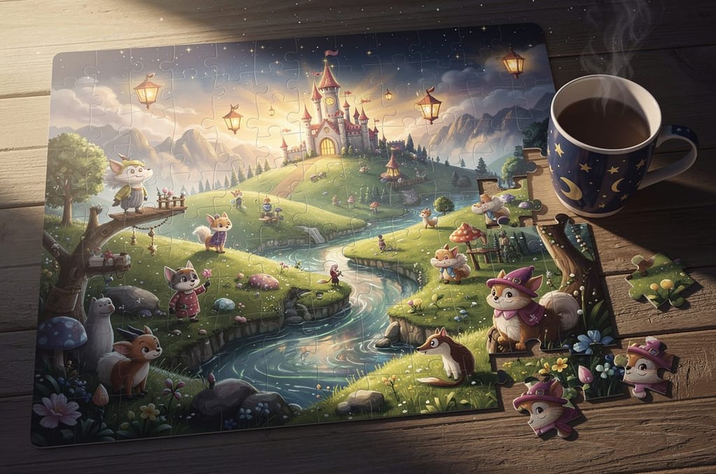 A partly assembled custom photo puzzle of a magical storybook world on a cozy wooden table, a personalized keepsake gift for grandparents