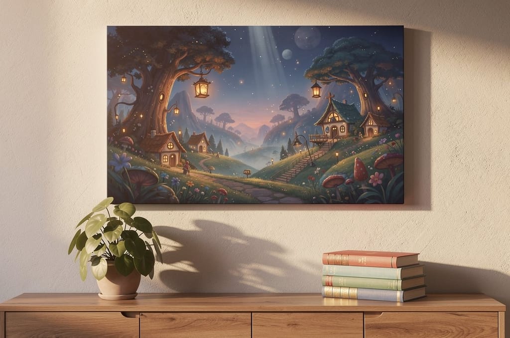 A framed gallery canvas of a whimsical storybook world hanging on a warm living-room wall above a wooden sideboard, a personalized keepsake gift for grandparents