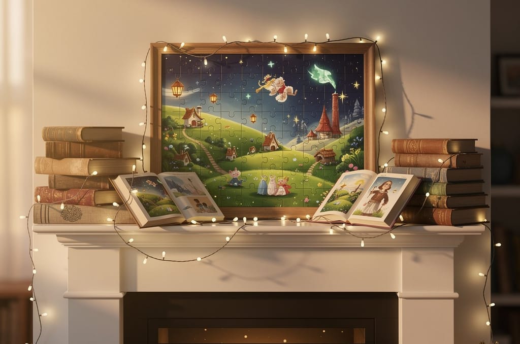 A framed keepsake puzzle of a whimsical storybook world on a warm, lamplit mantel with storybooks and fairy lights, a personalized gift for grandparents