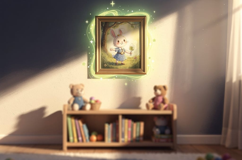 A child's bedroom wall with a framed portrait hung low, at roughly the child's own eye level rather than adult height
