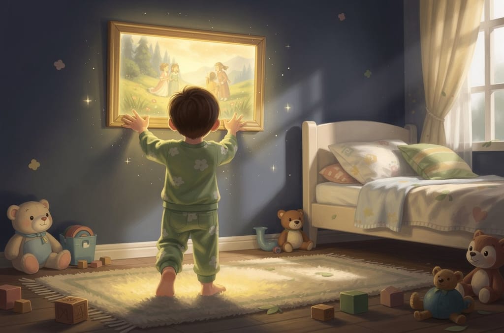 A young child reaching up with both hands to touch their own storybook portrait, hung low at their eye level on a bedroom wall, personalized kids wall art