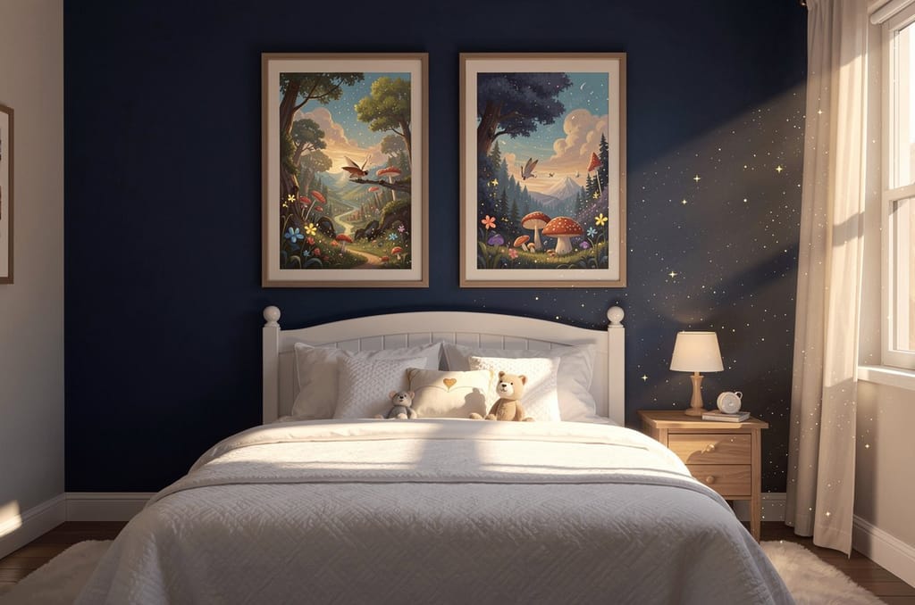 A matched pair of tall portrait canvases hung side by side above a bed in a child's bedroom, together spanning about two-thirds of the bed width
