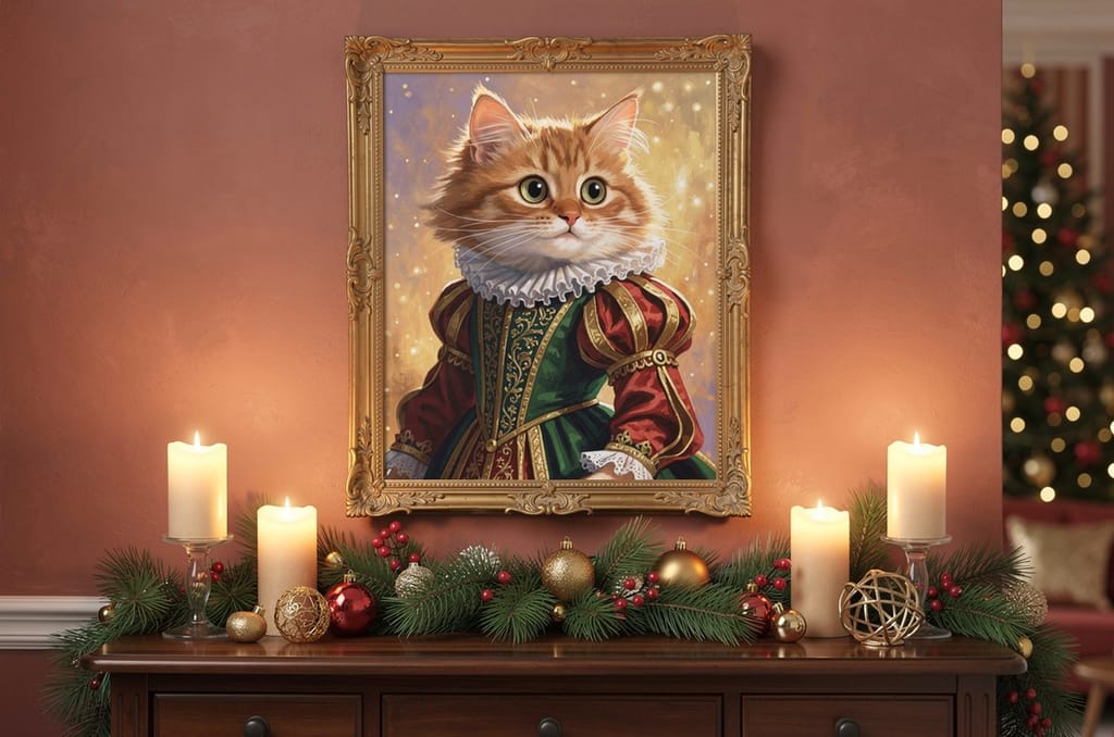 A custom framed canvas portrait of a ginger cat dressed as Renaissance nobility in a jeweled gown, hanging on a warm festive wall above a mantel with pine garland and candles