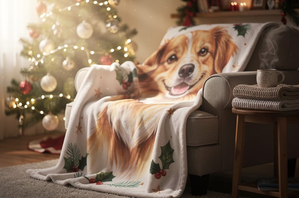 A soft fleece blanket printed with a custom dog portrait, draped over a couch beside a glowing Christmas tree with a steaming mug on a side table
