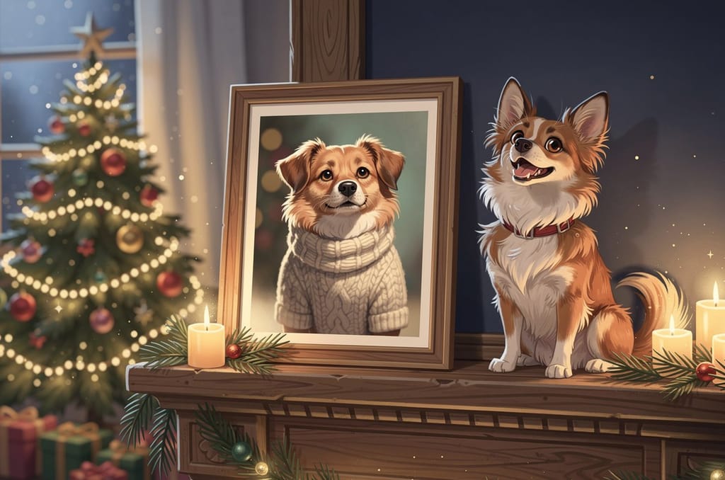 A framed custom portrait of a dog in a cozy cream cable-knit sweater displayed on a wooden mantel beside a cheerful real dog, with a lit Christmas tree, candles, and wrapped gifts in a warm living room