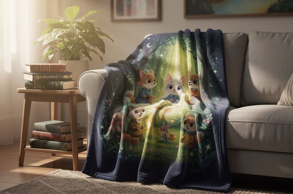 A personalized fleece keepsake blanket printed with a whimsical storybook portrait, draped over the arm of a sofa in a warm sunlit living room