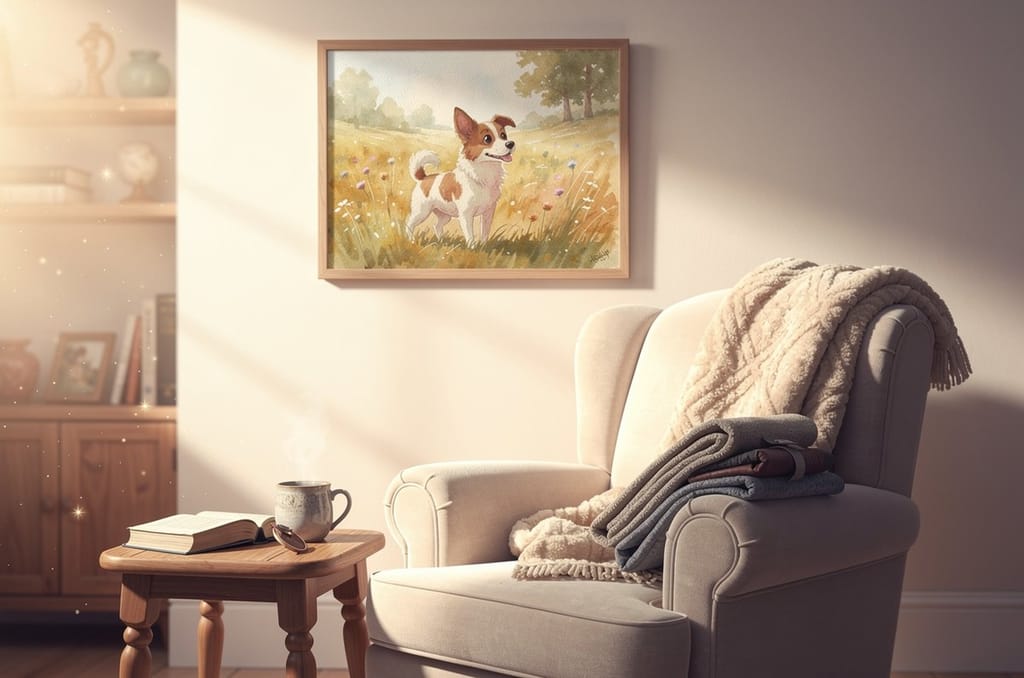 A watercolor painting of a small dog in a sunlit meadow hanging framed on a living room wall above an armchair with a folded fleece throw over the arm